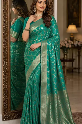 Rama soft silk blend banarasi jacuard work festive saree with unstitched blouse piece