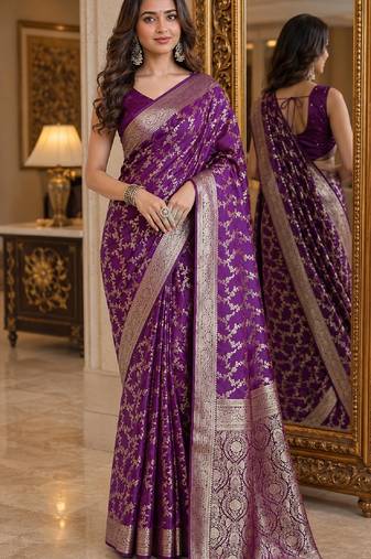 Wine soft silk blend banarasi jacuard work festive saree with unstitched blouse piece