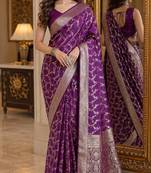 Wine soft silk blend banarasi jacuard work festive saree with unstitched blouse piece