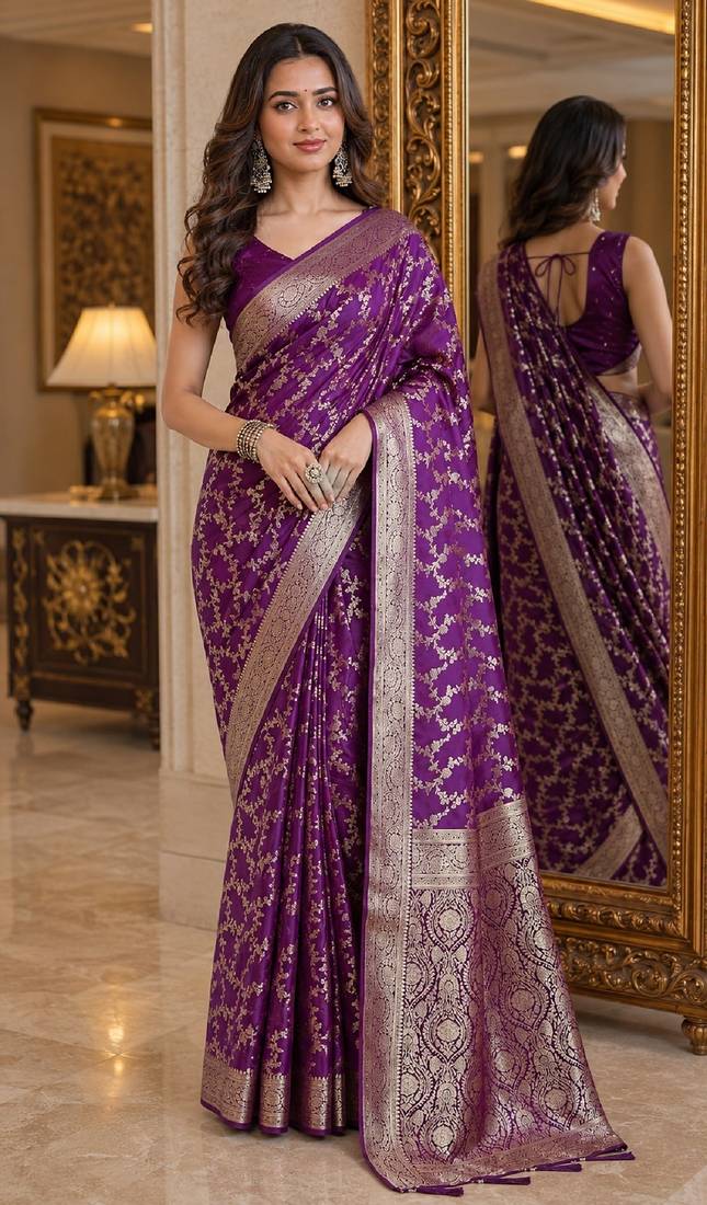 Wine soft silk blend banarasi jacuard work festive saree with unstitched blouse piece