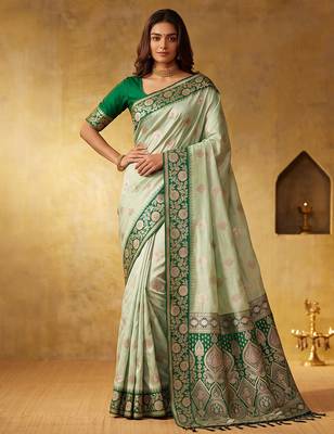 Pista color silk blended woven jari designer rich sophisticated graceful rich looks saree 1