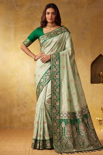 Pista color silk blended woven jari designer rich sophisticated graceful rich looks saree