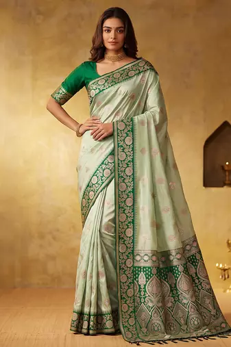 Pista color silk blended woven jari designer rich sophisticated graceful rich looks saree