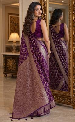 Wine soft silk blend banarasi jacuard work festive saree with unstitched blouse piece 3