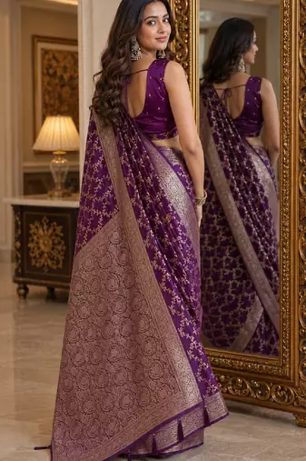 Wine soft silk blend banarasi jacuard work festive saree with unstitched blouse piece