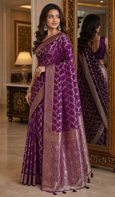Wine soft silk blend banarasi jacuard work festive saree with unstitched blouse piece 4
