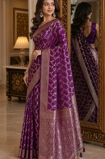 Wine soft silk blend banarasi jacuard work festive saree with unstitched blouse piece