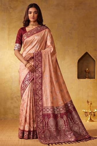 Peach color silk blended woven jari designer rich sophisticated graceful rich looks saree