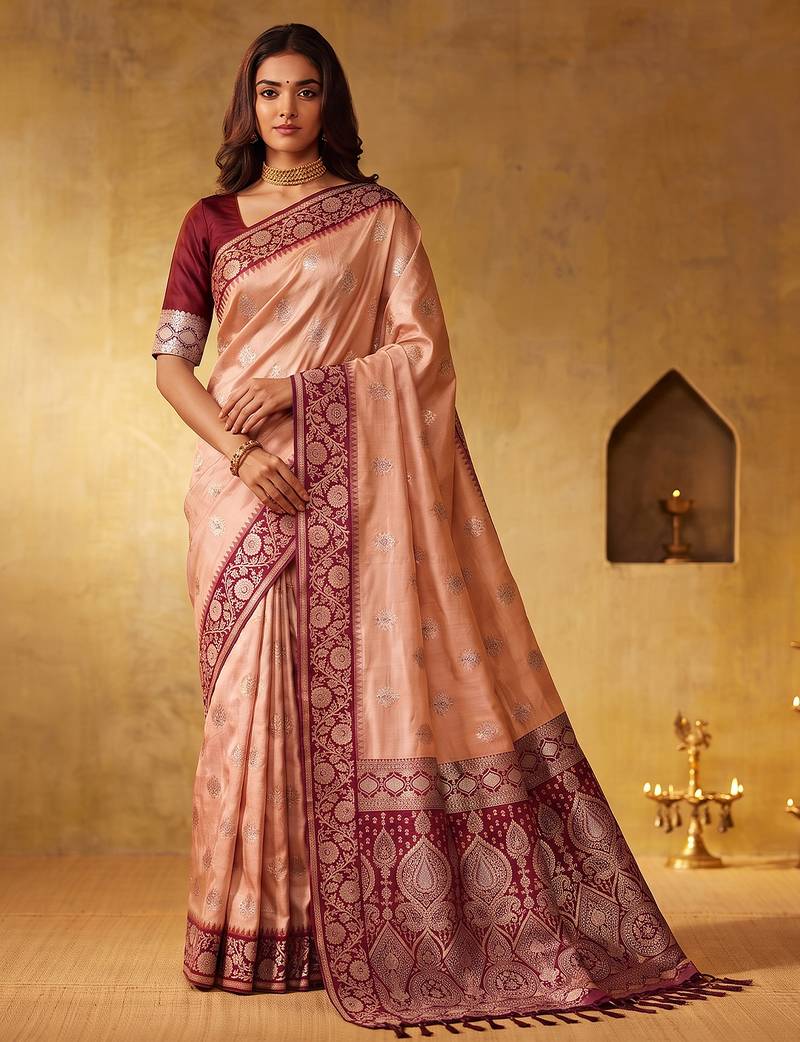 Peach color silk blended woven jari designer rich sophisticated graceful rich looks saree