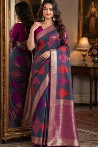 Teal green soft silk blend banarasi jacuard work festive saree with unstitched blouse piece