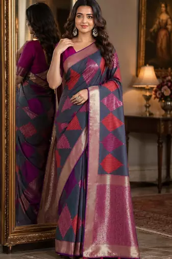 Teal green soft silk blend banarasi jacuard work festive saree with unstitched blouse piece