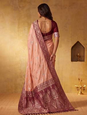 Peach color silk blended woven jari designer rich sophisticated graceful rich looks saree 2