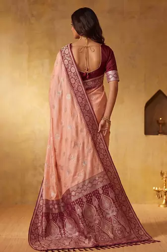Peach color silk blended woven jari designer rich sophisticated graceful rich looks saree