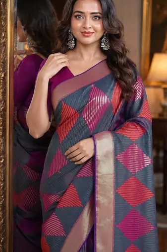 Teal green soft silk blend banarasi jacuard work festive saree with unstitched blouse piece