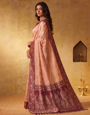 Peach color silk blended woven jari designer rich sophisticated graceful rich looks saree 3