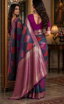 Teal green soft silk blend banarasi jacuard work festive saree with unstitched blouse piece 3