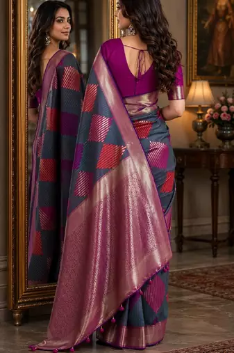 Teal green soft silk blend banarasi jacuard work festive saree with unstitched blouse piece