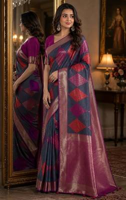 Teal green soft silk blend banarasi jacuard work festive saree with unstitched blouse piece 4