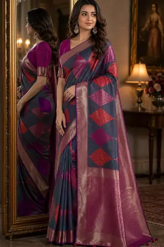 Teal green soft silk blend banarasi jacuard work festive saree with unstitched blouse piece