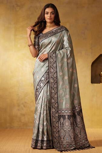 Grey color silk blended woven jari designer rich sophisticated graceful rich looks saree