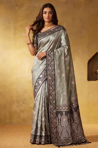 Grey color silk blended woven jari designer rich sophisticated graceful rich looks saree