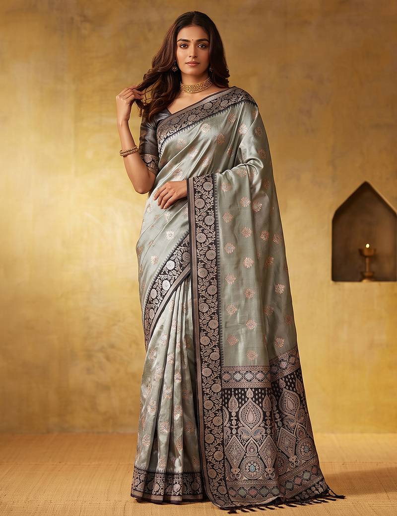 Grey color silk blended woven jari designer rich sophisticated graceful rich looks saree