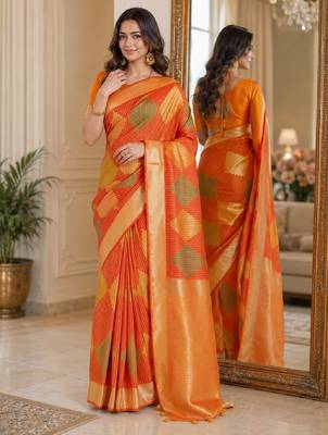 Orange soft silk blend banarasi jacuard work festive saree with unstitched blouse piece 1