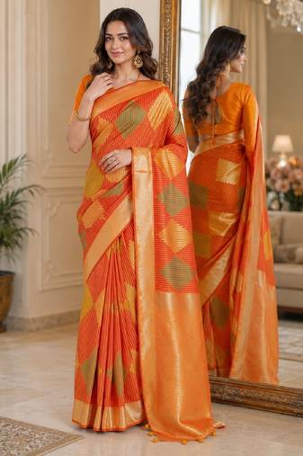 Orange soft silk blend banarasi jacuard work festive saree with unstitched blouse piece