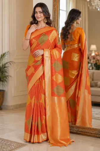 Orange soft silk blend banarasi jacuard work festive saree with unstitched blouse piece