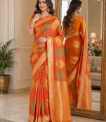 Orange soft silk blend banarasi jacuard work festive saree with unstitched blouse piece