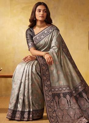 Grey color silk blended woven jari designer rich sophisticated graceful rich looks saree 3