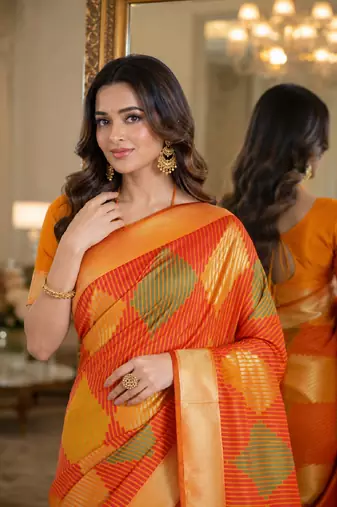 Orange soft silk blend banarasi jacuard work festive saree with unstitched blouse piece