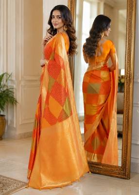 Orange soft silk blend banarasi jacuard work festive saree with unstitched blouse piece 3