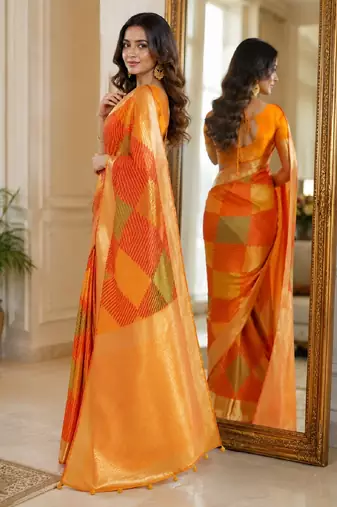 Orange soft silk blend banarasi jacuard work festive saree with unstitched blouse piece