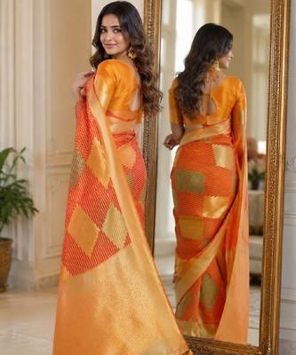 Orange soft silk blend banarasi jacuard work festive saree with unstitched blouse piece 4