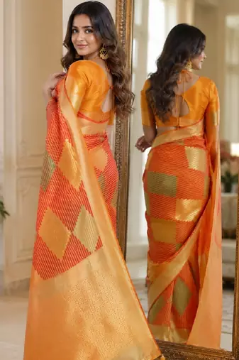 Orange soft silk blend banarasi jacuard work festive saree with unstitched blouse piece