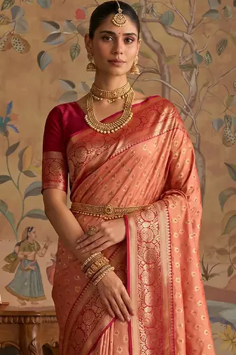 Peach color smart silk blended rich traditional woven designer saree