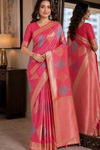 Light pink soft silk blend banarasi jacuard work festive saree with unstitched blouse piece