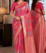 Light pink soft silk blend banarasi jacuard work festive saree with unstitched blouse piece