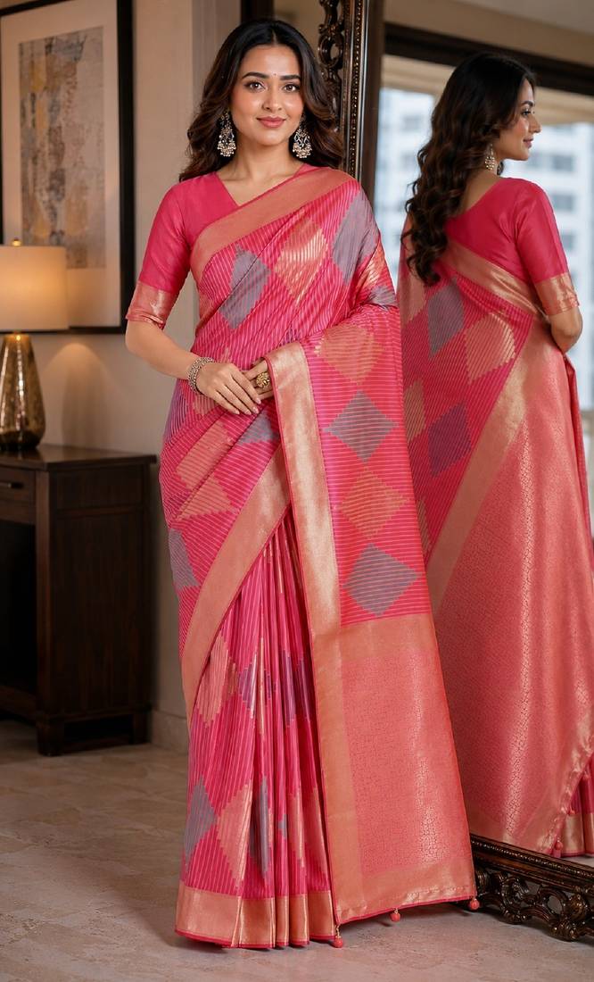 Light pink soft silk blend banarasi jacuard work festive saree with unstitched blouse piece