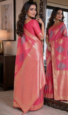 Light pink soft silk blend banarasi jacuard work festive saree with unstitched blouse piece 3