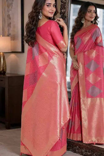 Light pink soft silk blend banarasi jacuard work festive saree with unstitched blouse piece