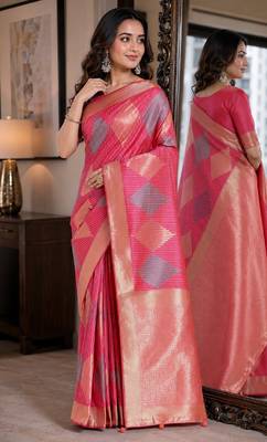 Light pink soft silk blend banarasi jacuard work festive saree with unstitched blouse piece 4
