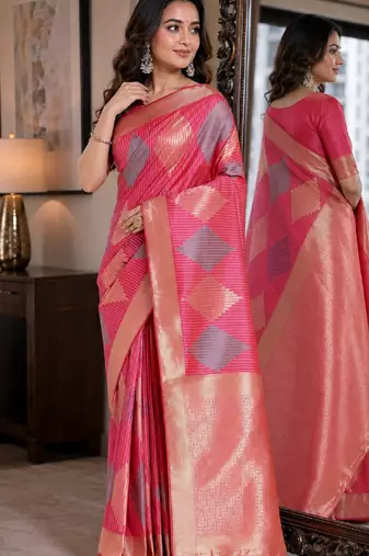 Light pink soft silk blend banarasi jacuard work festive saree with unstitched blouse piece