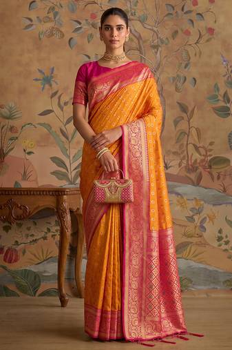 Mustard color smart silk blended rich traditional woven designer saree