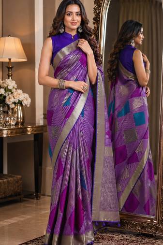 Purple soft silk blend banarasi jacuard work festive saree with unstitched blouse piece