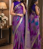 Purple soft silk blend banarasi jacuard work festive saree with unstitched blouse piece