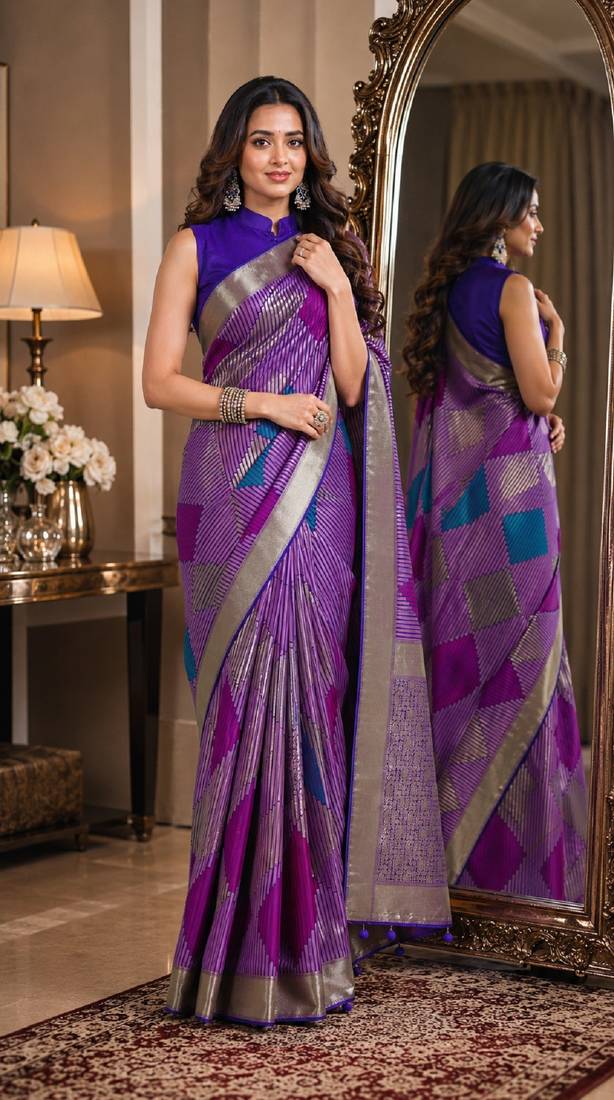 Purple soft silk blend banarasi jacuard work festive saree with unstitched blouse piece