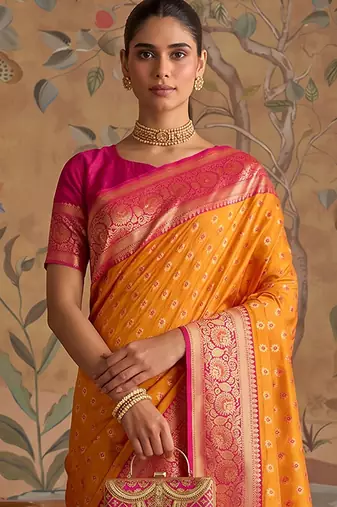 Mustard color smart silk blended rich traditional woven designer saree