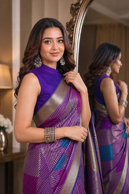 Purple soft silk blend banarasi jacuard work festive saree with unstitched blouse piece 2
